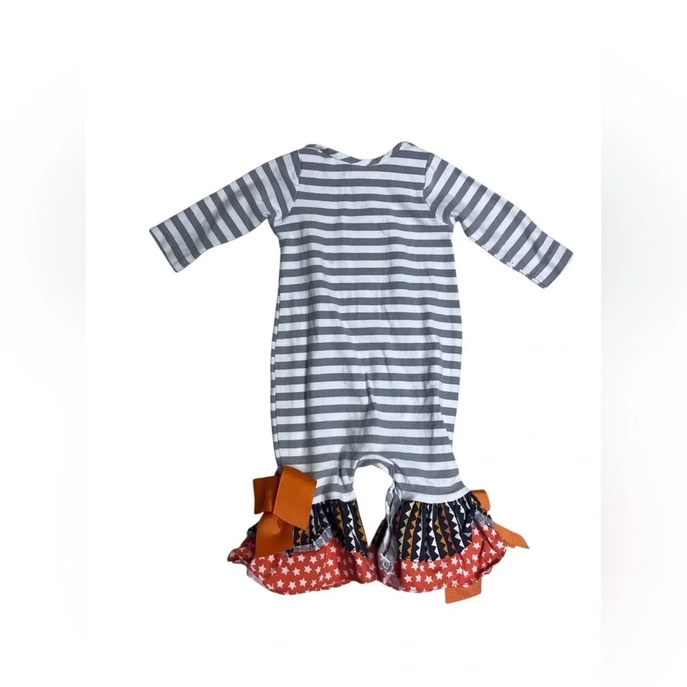 Ricrac and Ruffles fall Halloween striped owl one piece outfit size 3/6 months